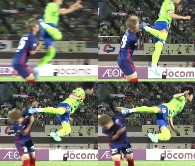 ◆悲報◆ジャンピングヘッドしながら後ろ足でFC東京FW長倉をキックする湘南DF奥野耕平色々やばすぎる件ｗｗｗ